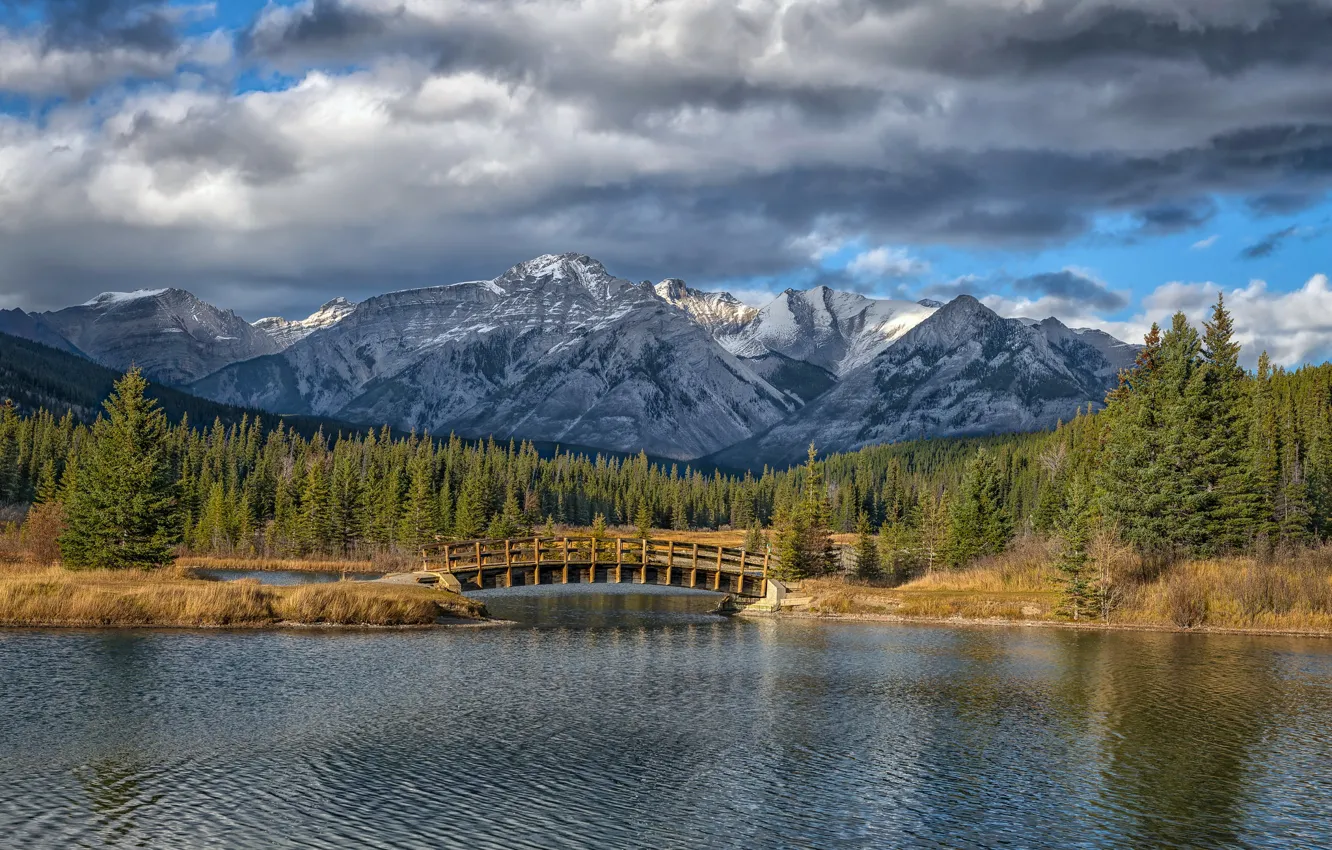 Фото обои лес, горы, мост, озеро, Канада, Альберта, Banff National Park, Alberta