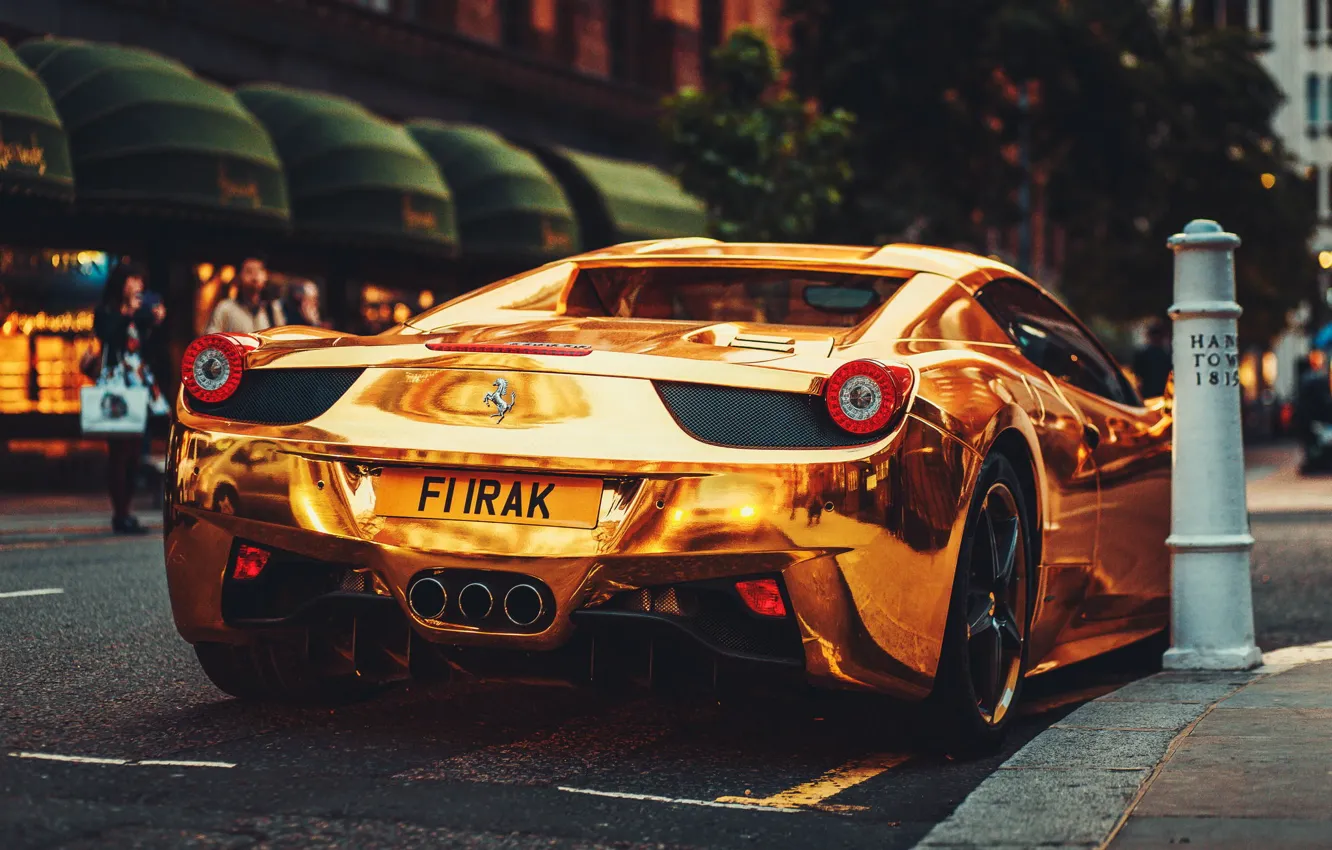 Фото обои Феррари, Зад, Италия, Ferrari, Золотой, 458, Суперкар, Italia