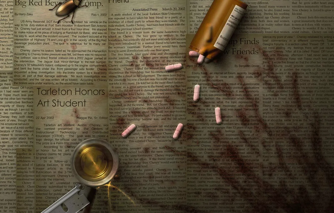 Фото обои жук, лезвие, газета, таблетки, следы крови