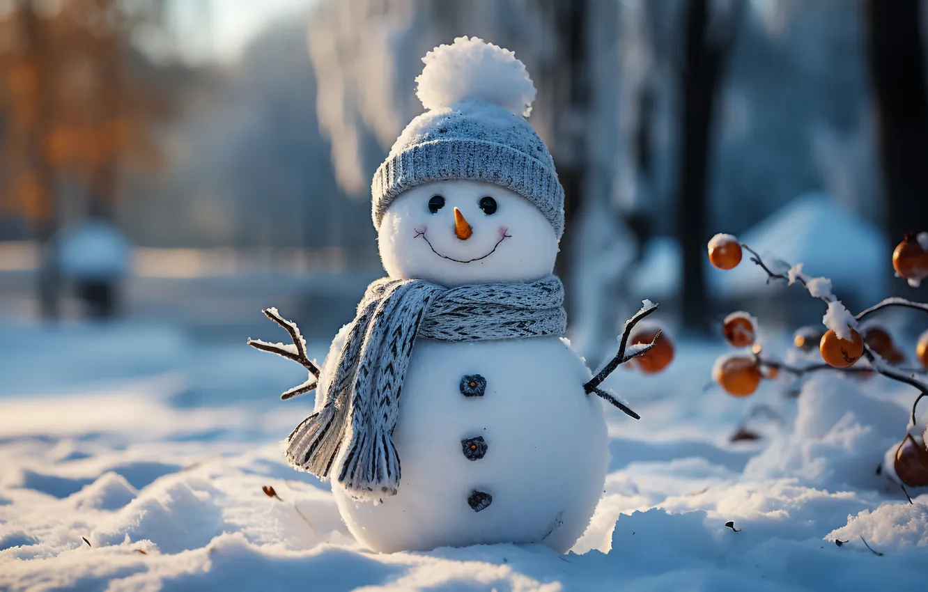 Фото обои зима, снег, Рождество, Новый год, снеговик, Christmas, snow, bokeh