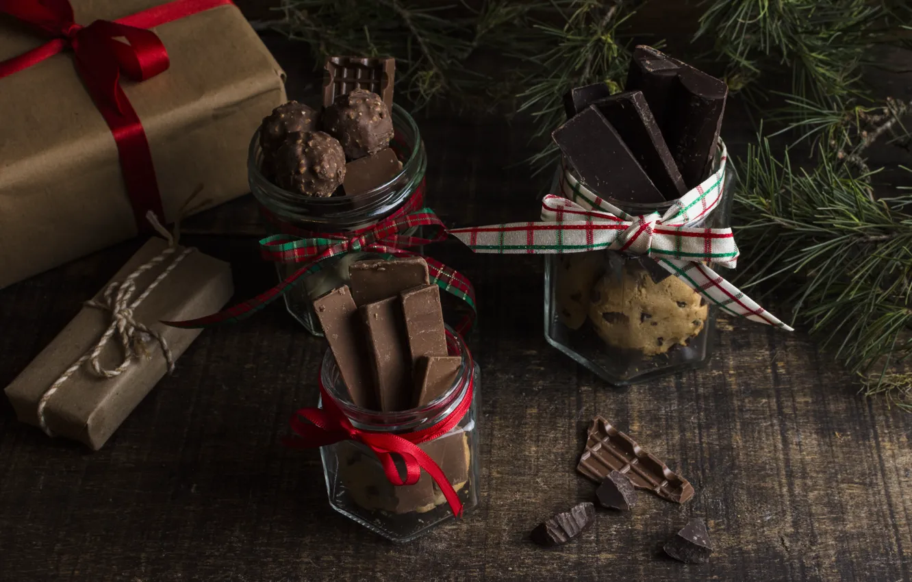Фото обои украшения, подарок, шоколад, Новый Год, печенье, Рождество, Christmas, wood
