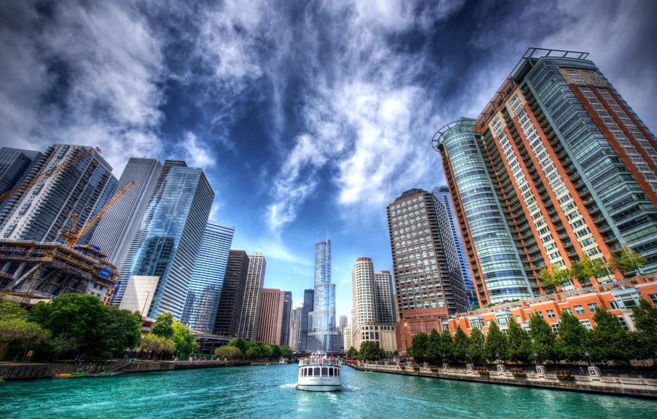 Фото обои небо, река, здания, hdr, Чикаго, Иллинойс, Chicago, Illinois