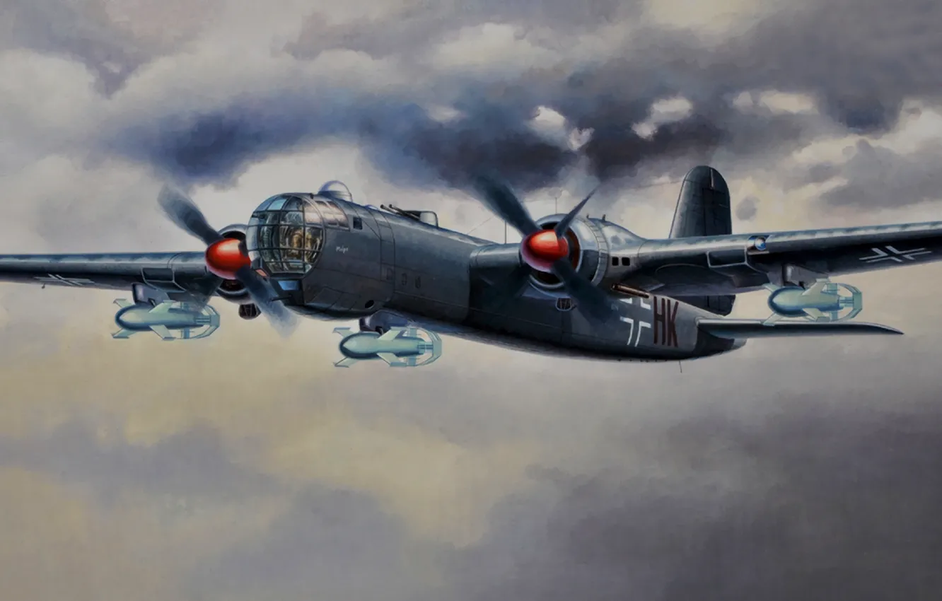 Фото обои war, art, painting, aviation, ww2, german bomber, Heinkel He 177