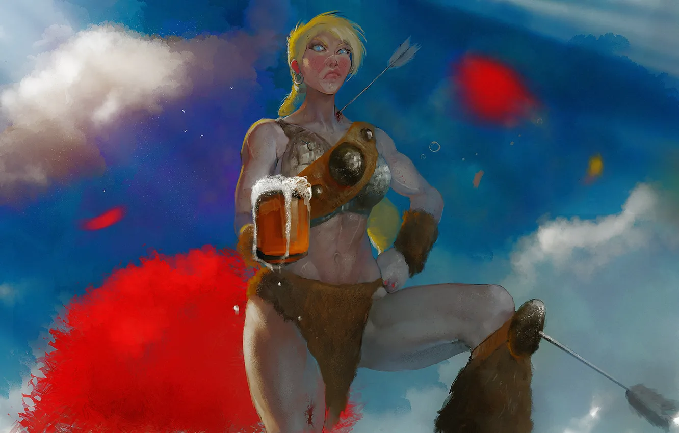 Фото обои небо, женщина, пиво, воин, стрела, варвар, bad ass