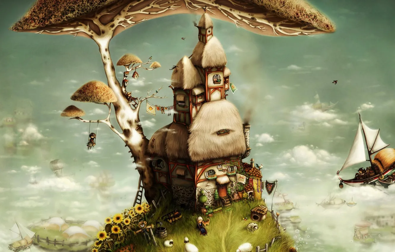 Фото обои мечты, дом, фантазия, человечки, арт, dreamland, by anuk, above than clouds