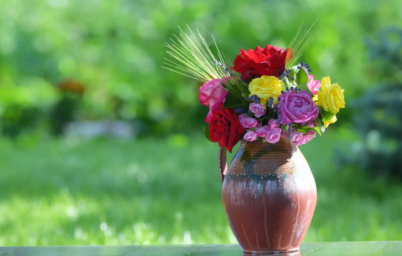 Фото обои цветы, природа, розы, букет, колоски, ваза, разноцветные, разные