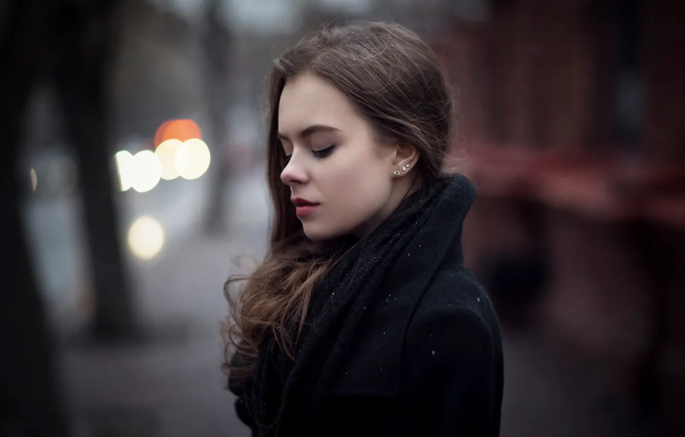 Фото обои макияж, профиль, Катя, пальто, боке, Екатерина Кузнецова