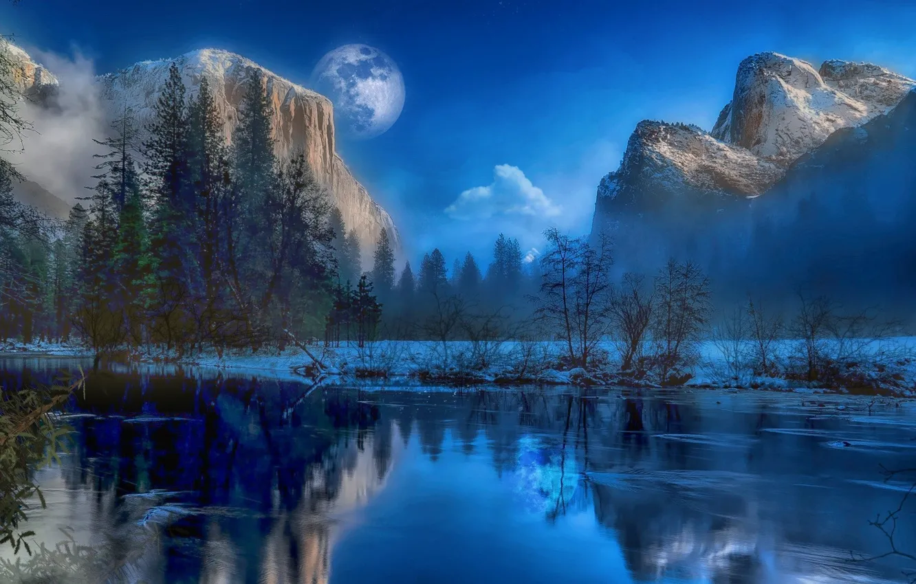Фото обои зима, горы, озеро, луна, лёд