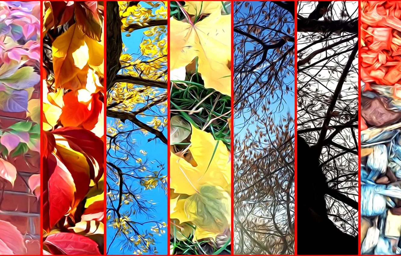 Фото обои осень, листья, деревья, ветки, природа, рендеринг, коллаж, опилки на газоне