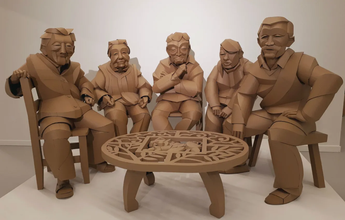 Фото обои human, table, sculpture, carboard