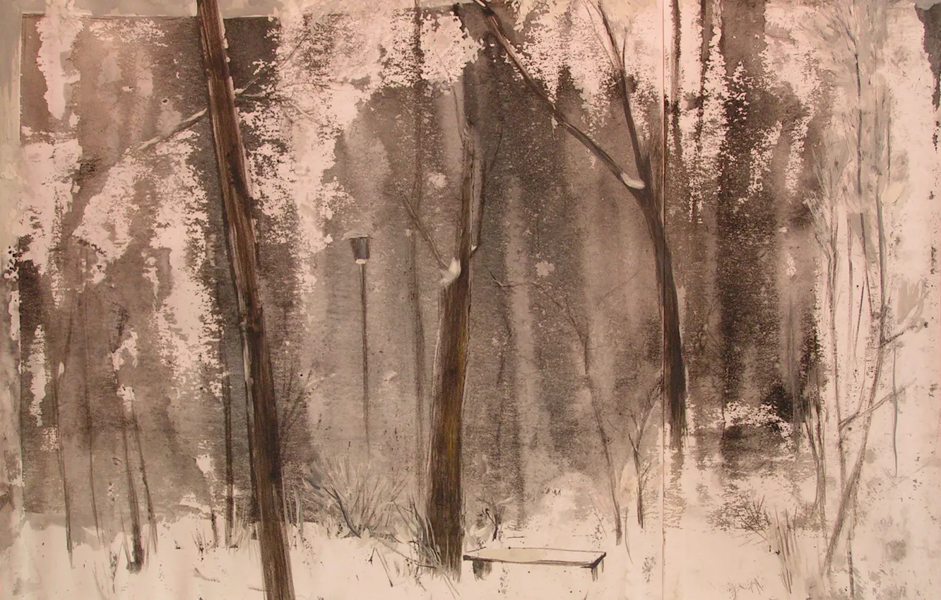Фото обои зима, снег, деревья, дом, лавочка, фонарь, Светлана Нестерова, Предчувствие войны