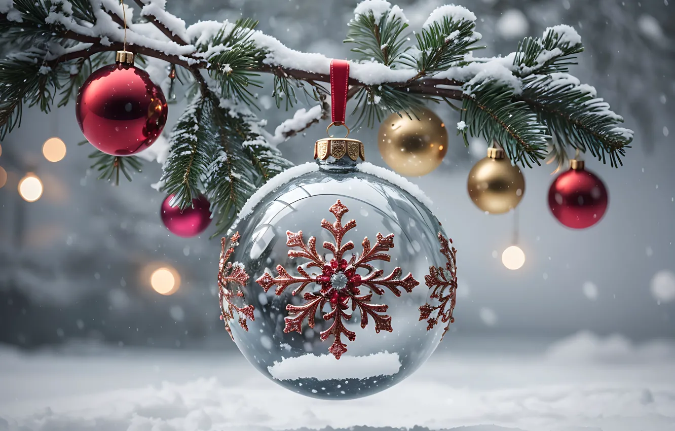 Фото обои зима, снег, украшения, шары, Новый Год, Рождество, glass, new year