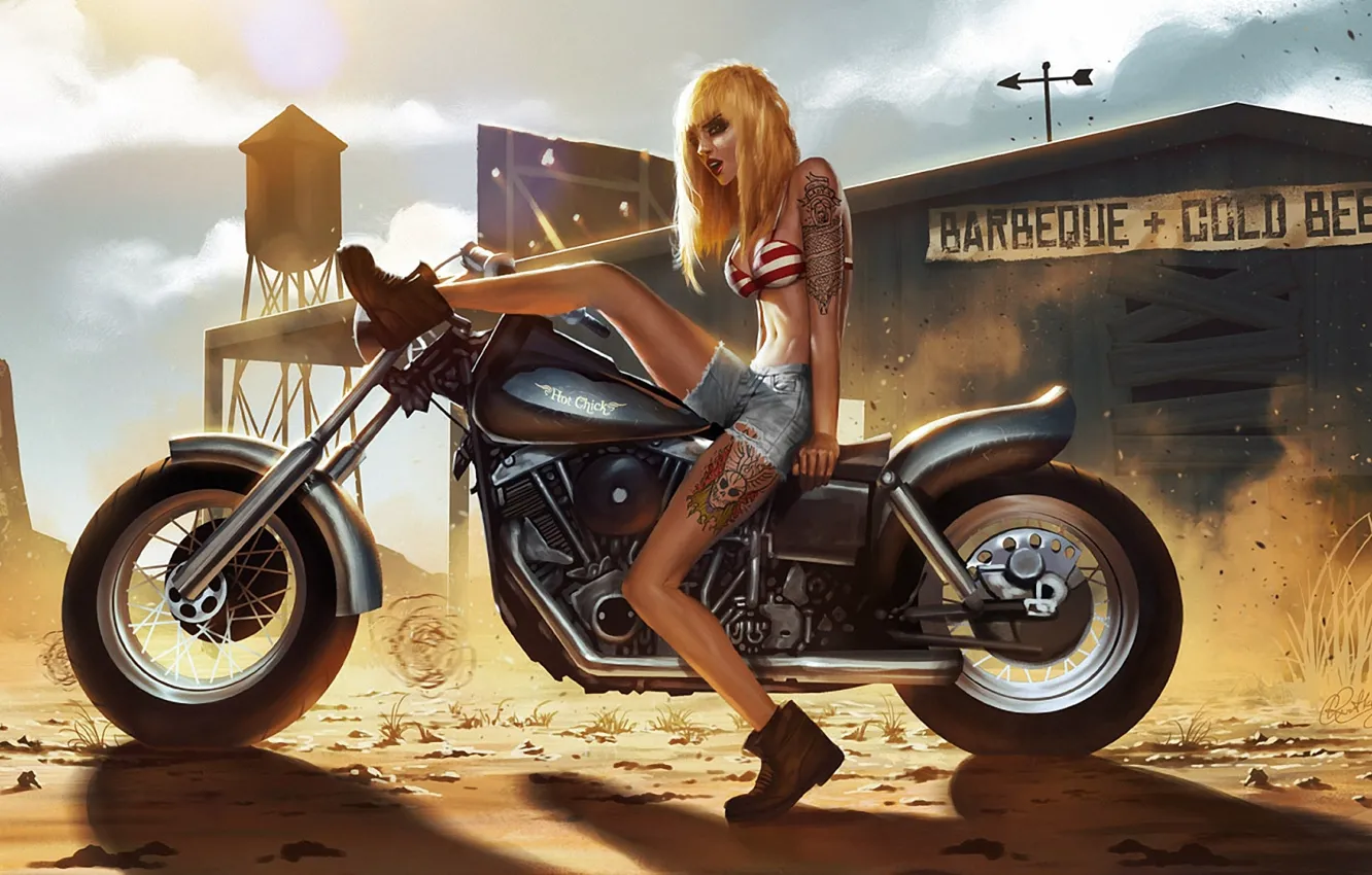 Фото обои песок, девушка, солнце, шорты, пыль, тату, арт, мотоцикл
