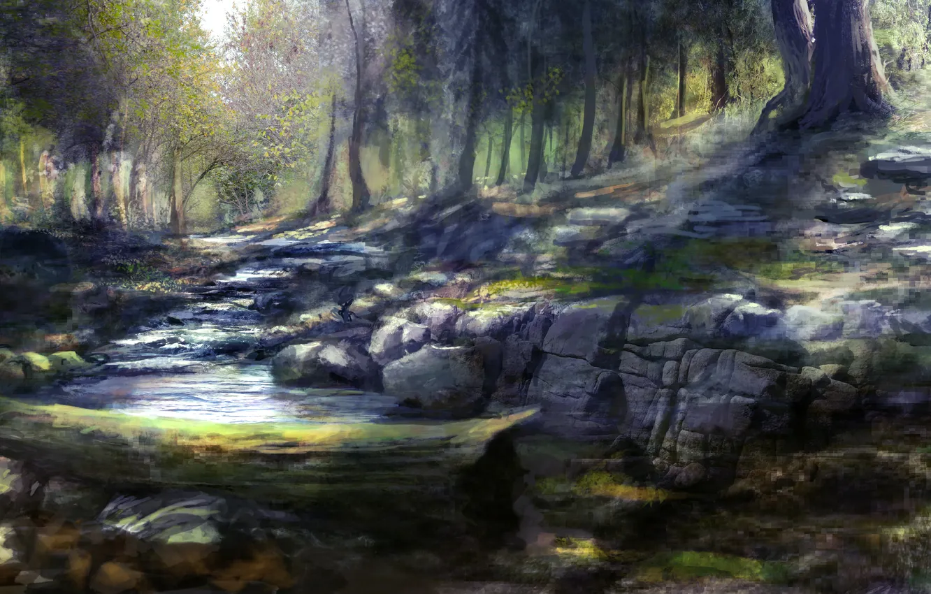 Фото обои лес, река, камни, арт