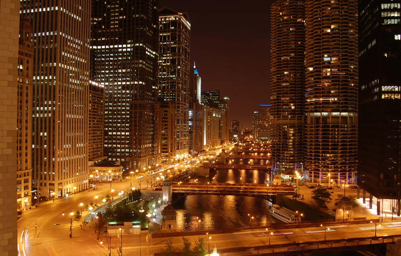 Фото обои ночь, огни, река, небоскребы, мосты, чикаго, Chicago