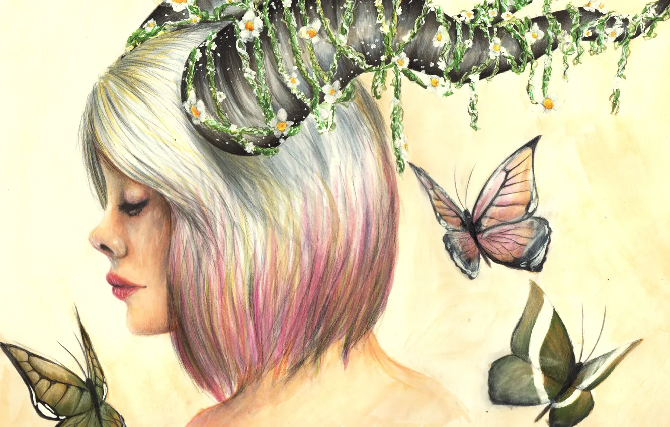 Фото обои девушка, цветы, бабочка, рога, art