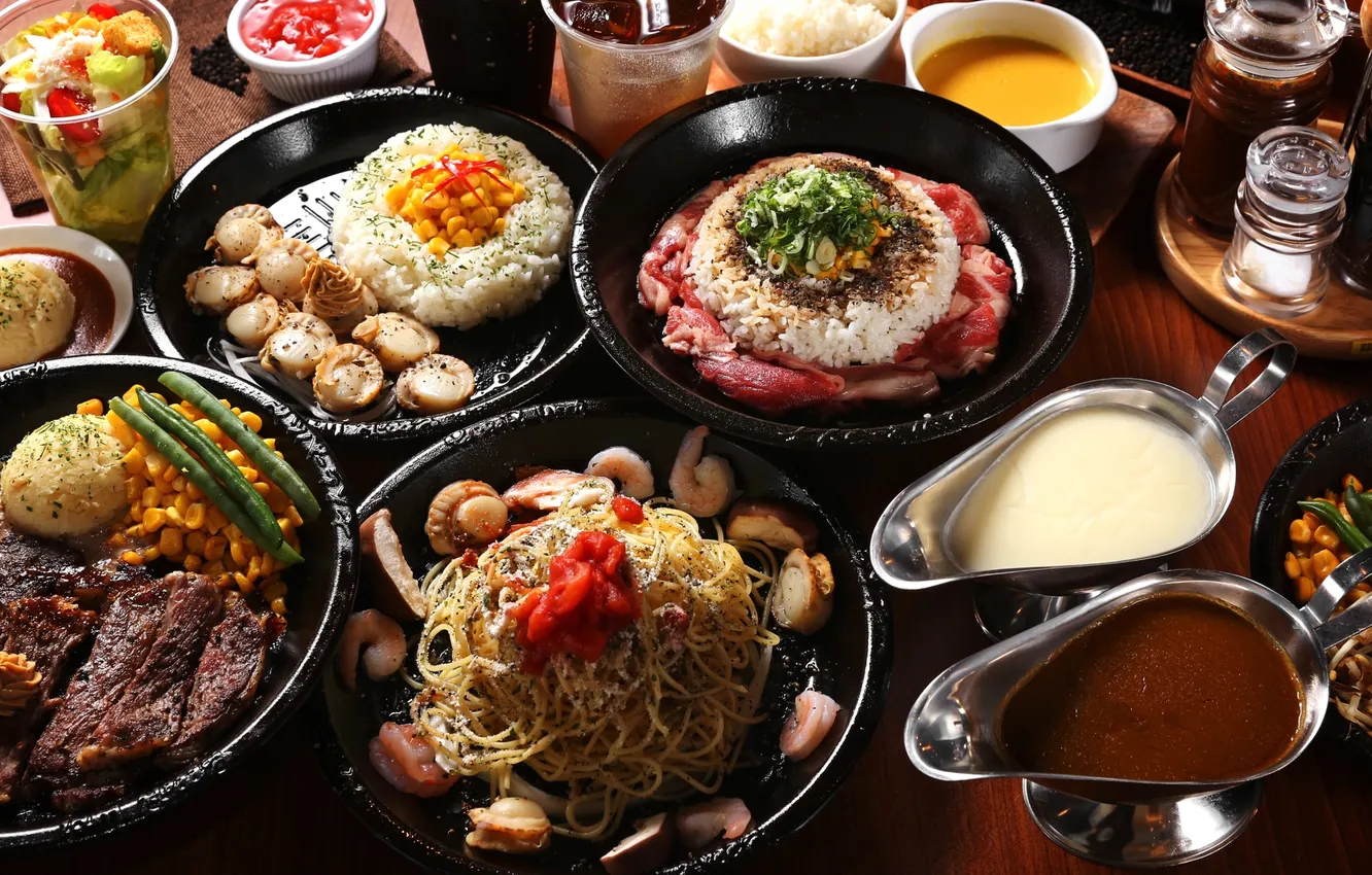 Фото обои рис, японская кухня, блюда, лапша, соусы
