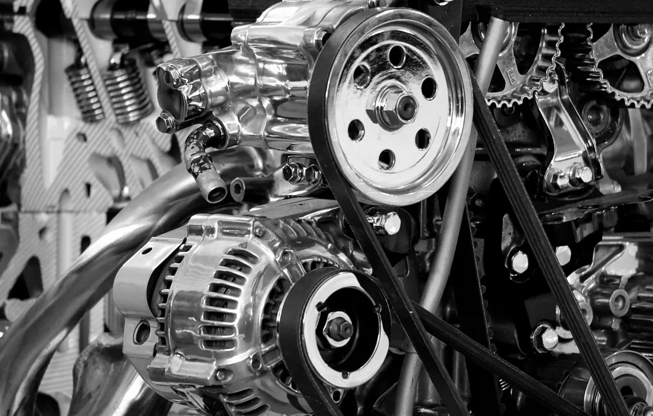 Фото обои двигатель, чёрно-белое, техника, ремень, детали, запчасти, генератор, шкив