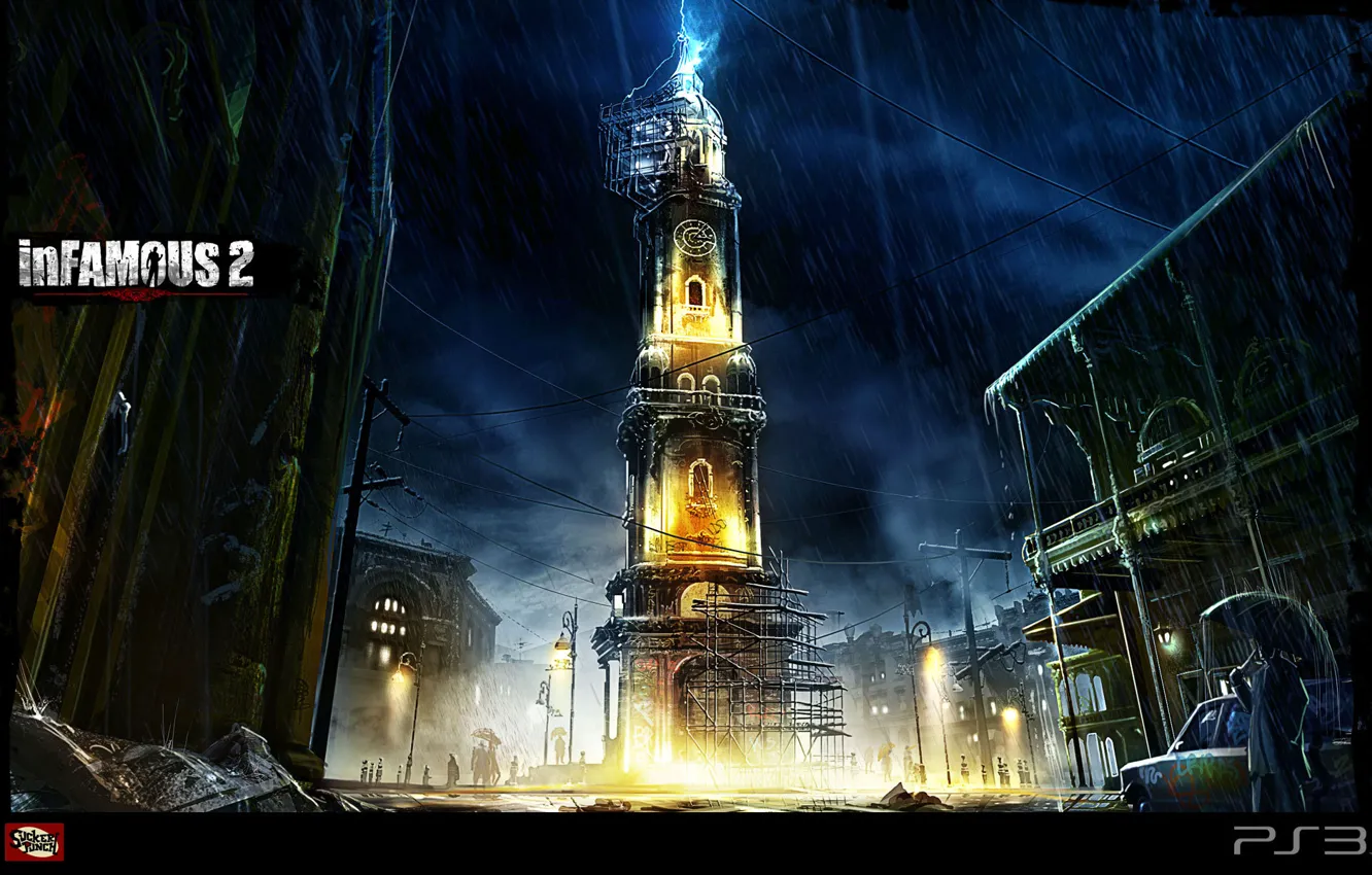 Фото обои дождь, молния, часы, башня, inFamous 2