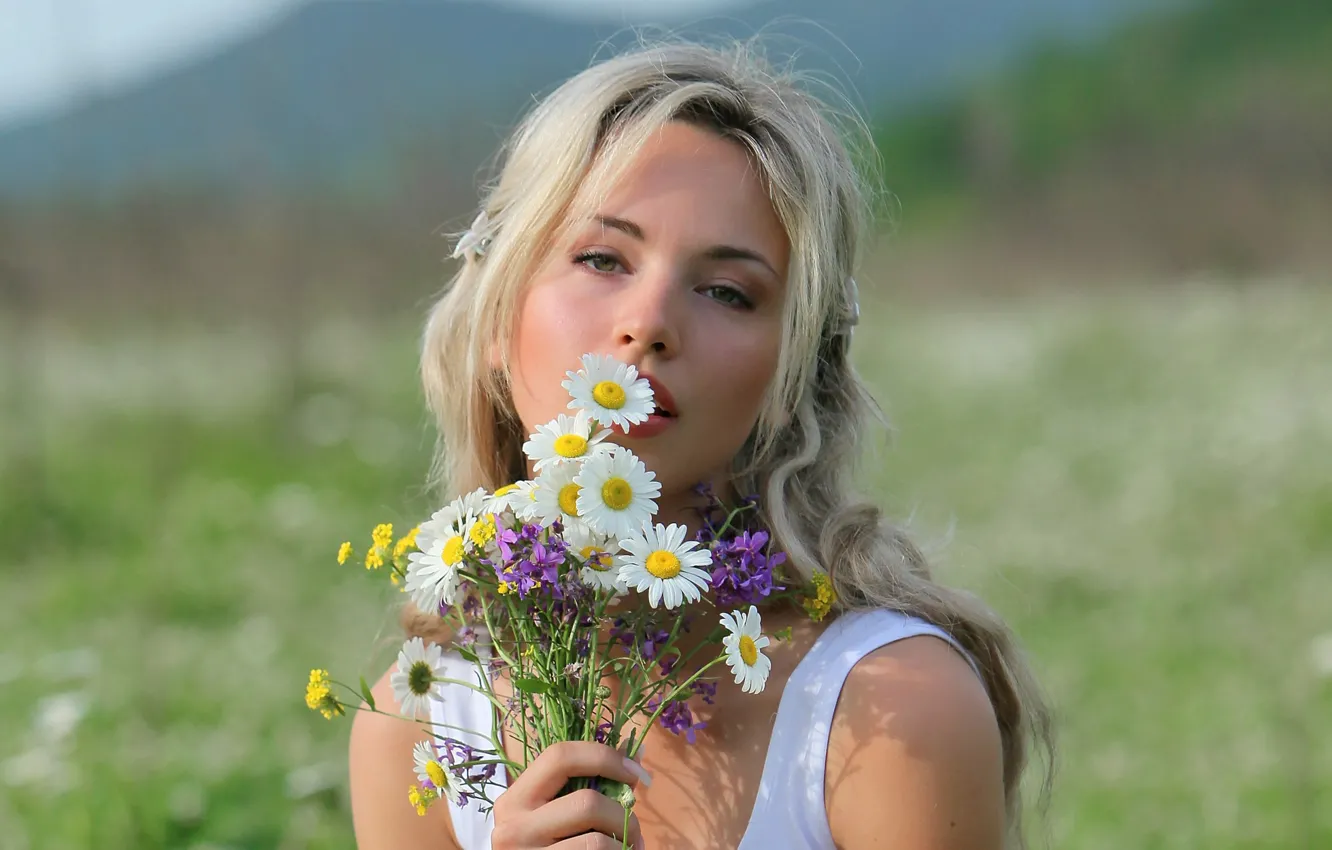 Фото обои поле, лето, цветы, блондинка, боке, Natalia