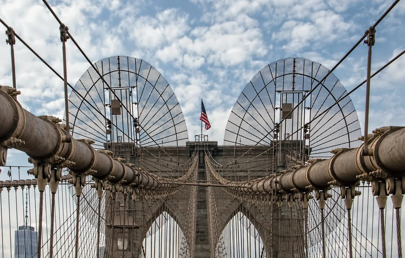 Фото обои флаг, США, New York, Brooklyn Bridge