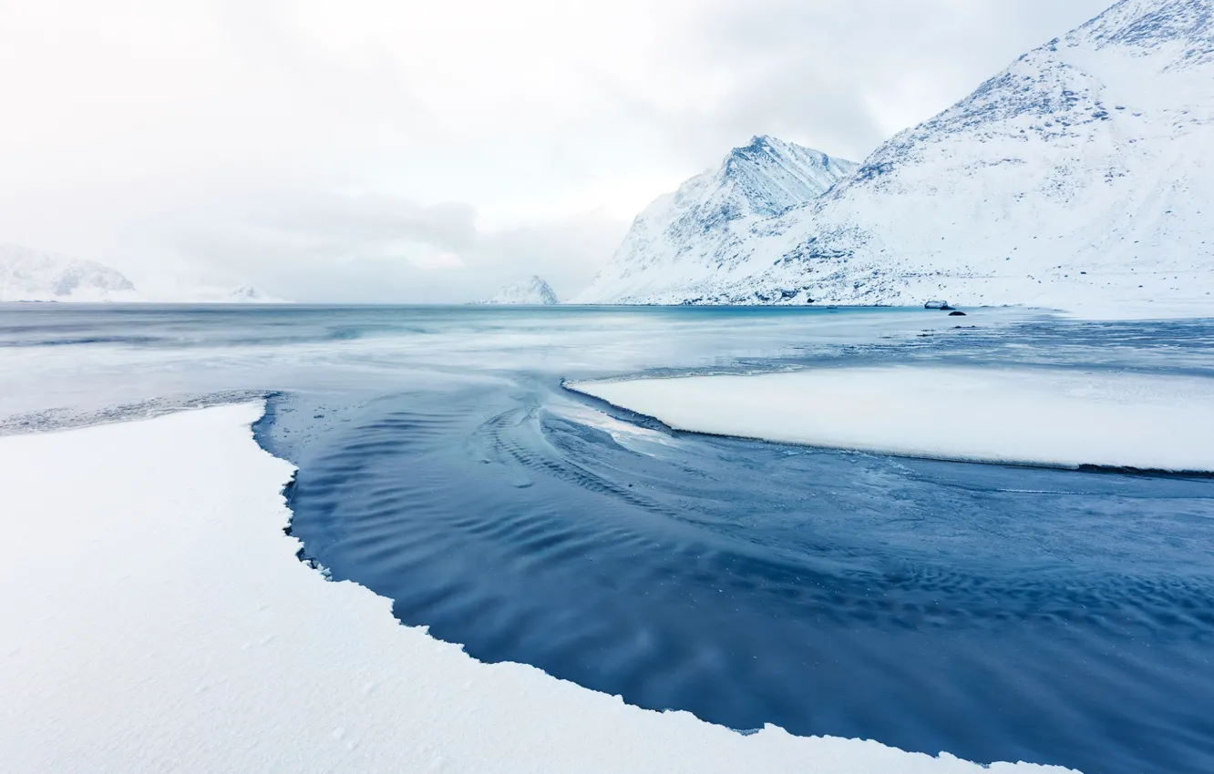 Фото обои вода, снег, горы, Норвегия