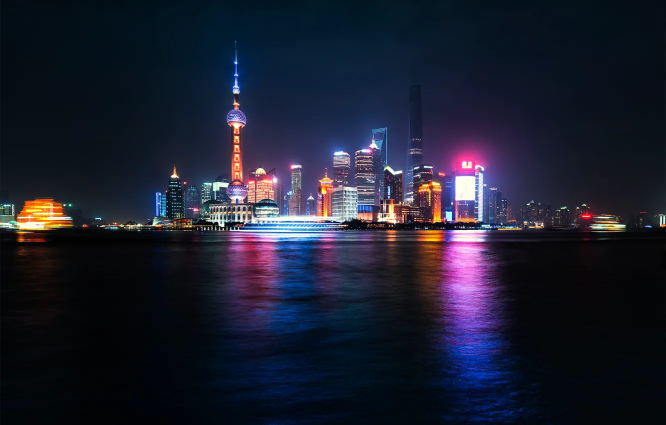 Фото обои ночь, отражение, река, Китай, Шанхай, Oriental Pearl Tower, Shanghai Tower, Shanghai World Financial Center