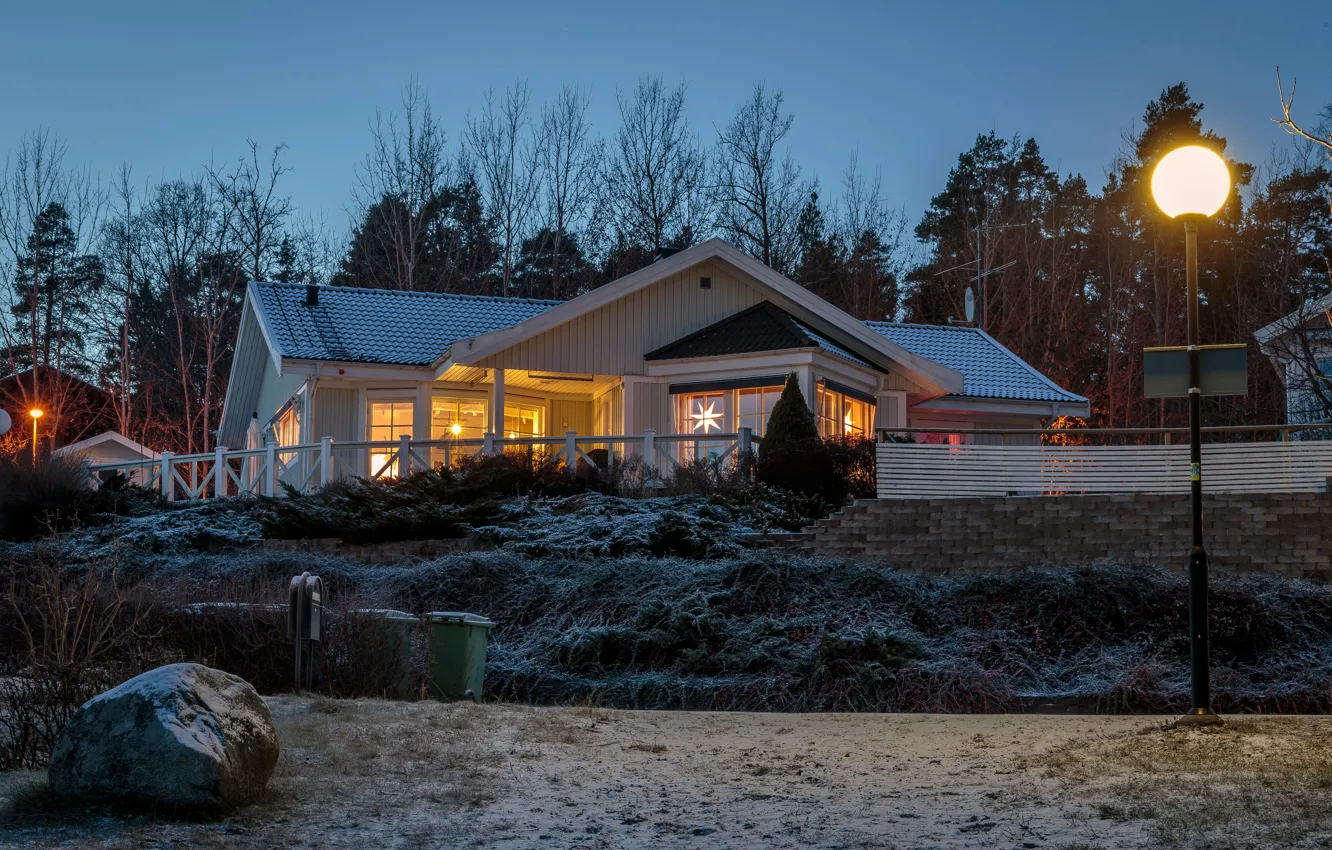 Фото обои зима, деревья, огни, дома, вечер, фонари, Швеция