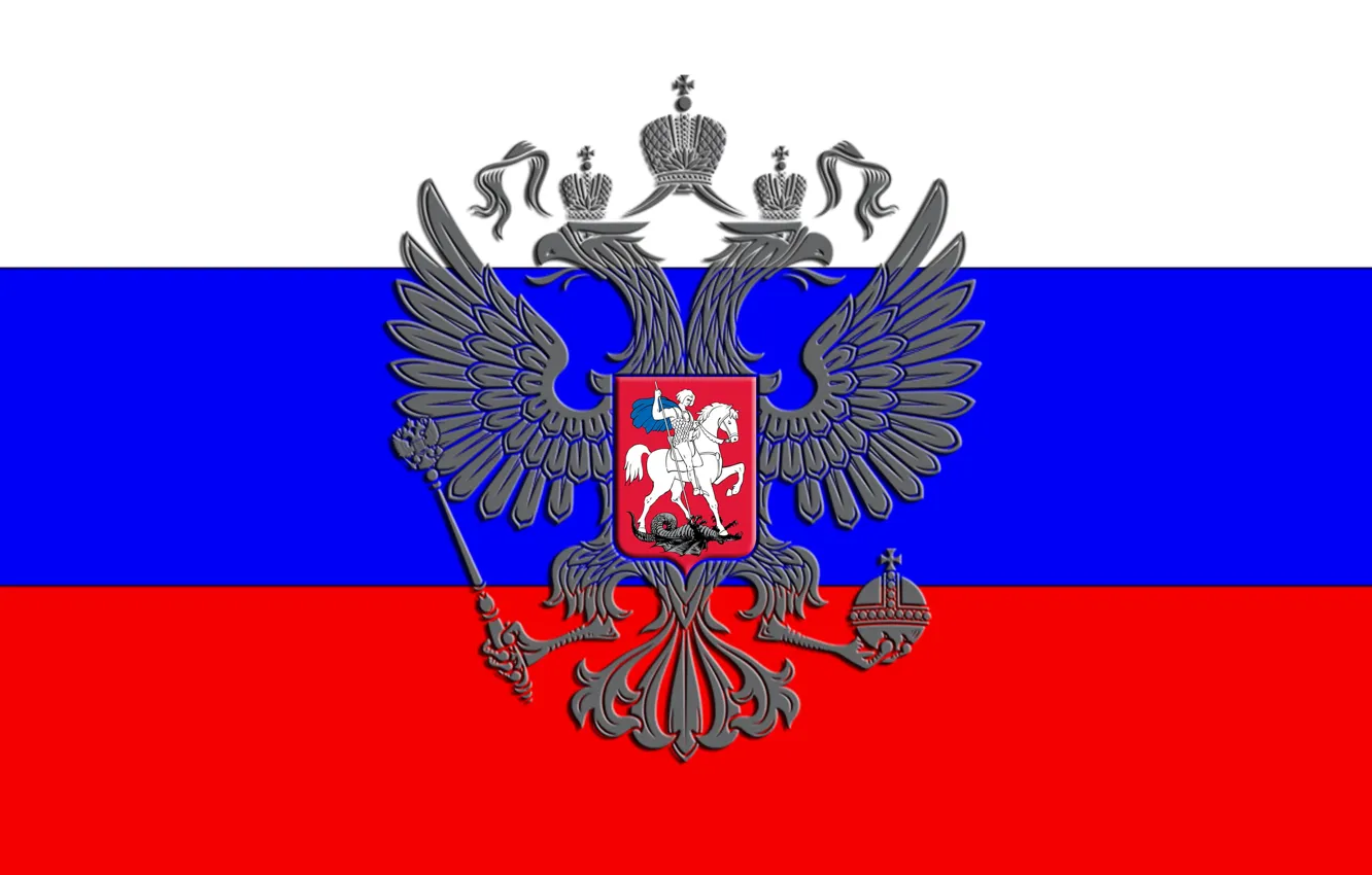 Фото обои Красный, Синий, Белый, Флаг, Триколор, Герб, Россия, Двуглавый орёл