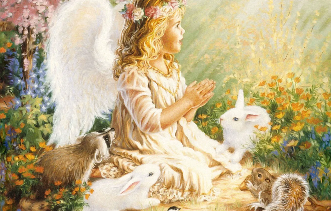 Фото обои птицы, ангел, девочка, енот, зайцы, girl, крылышки, венок