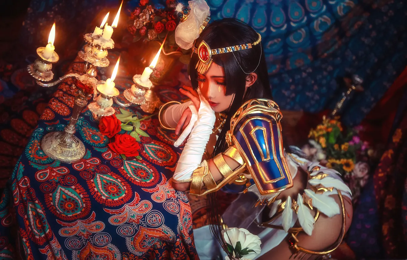 Фото обои цветы, свечи, брюнетка, азиатка, орнамент, flowers, косплей, cosplay