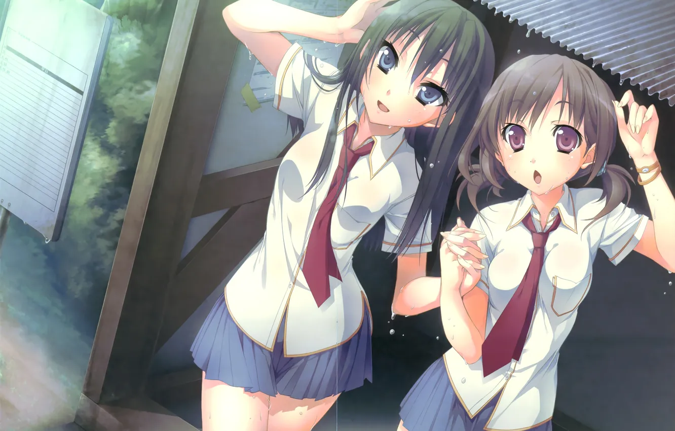 Фото обои девушки, дождь, аниме, арт, форма, школьницы, katagiri hinata