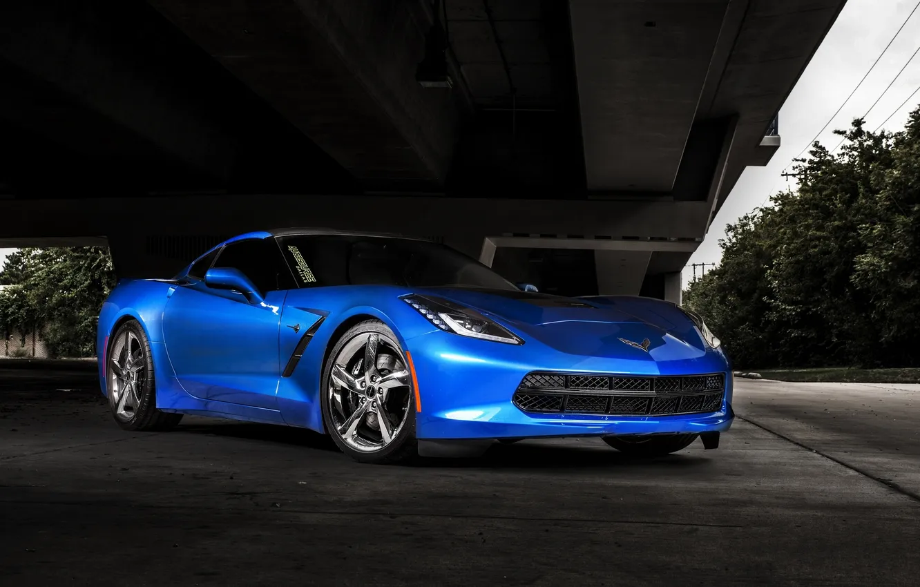 Фото обои синий, мост, Chevrolet, опоры, corvette, blue, корветт, шевролле