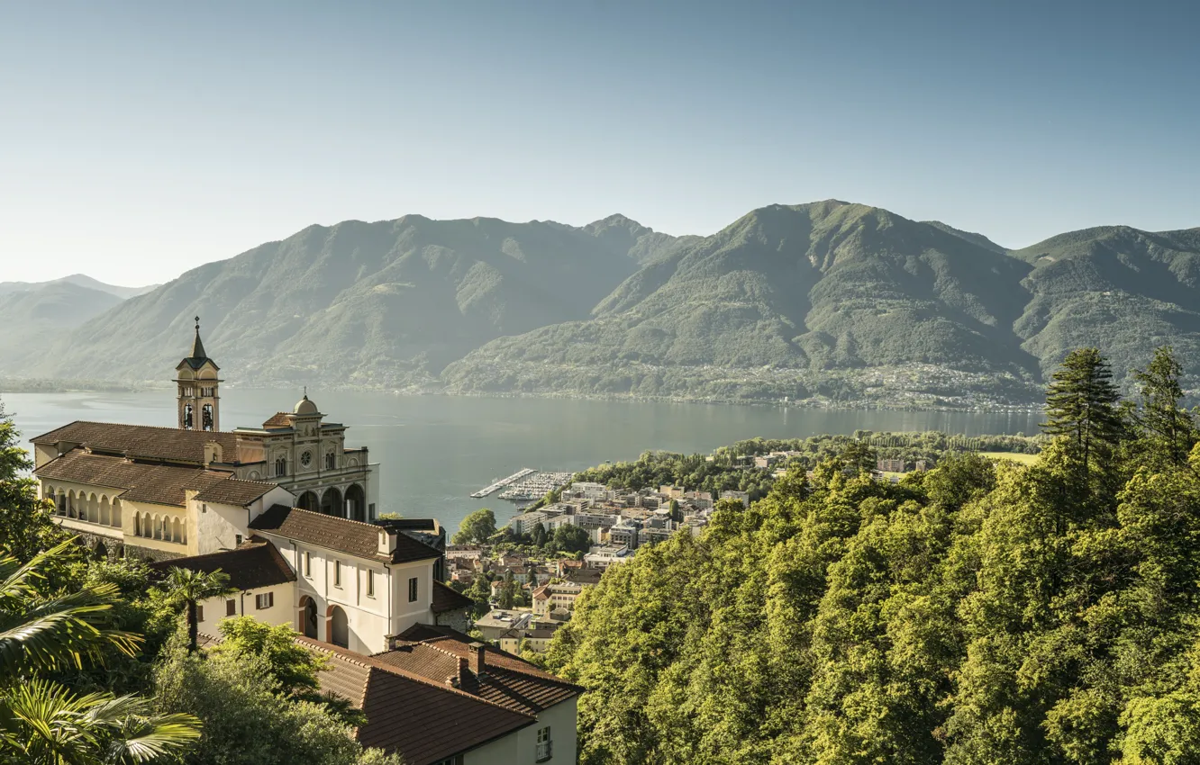 Фото обои горы, город, озеро, Швейцария, Ticino, Locarno, Обитель Мадонна-дель-Сассо, Madonna del Sasso Sanctuary