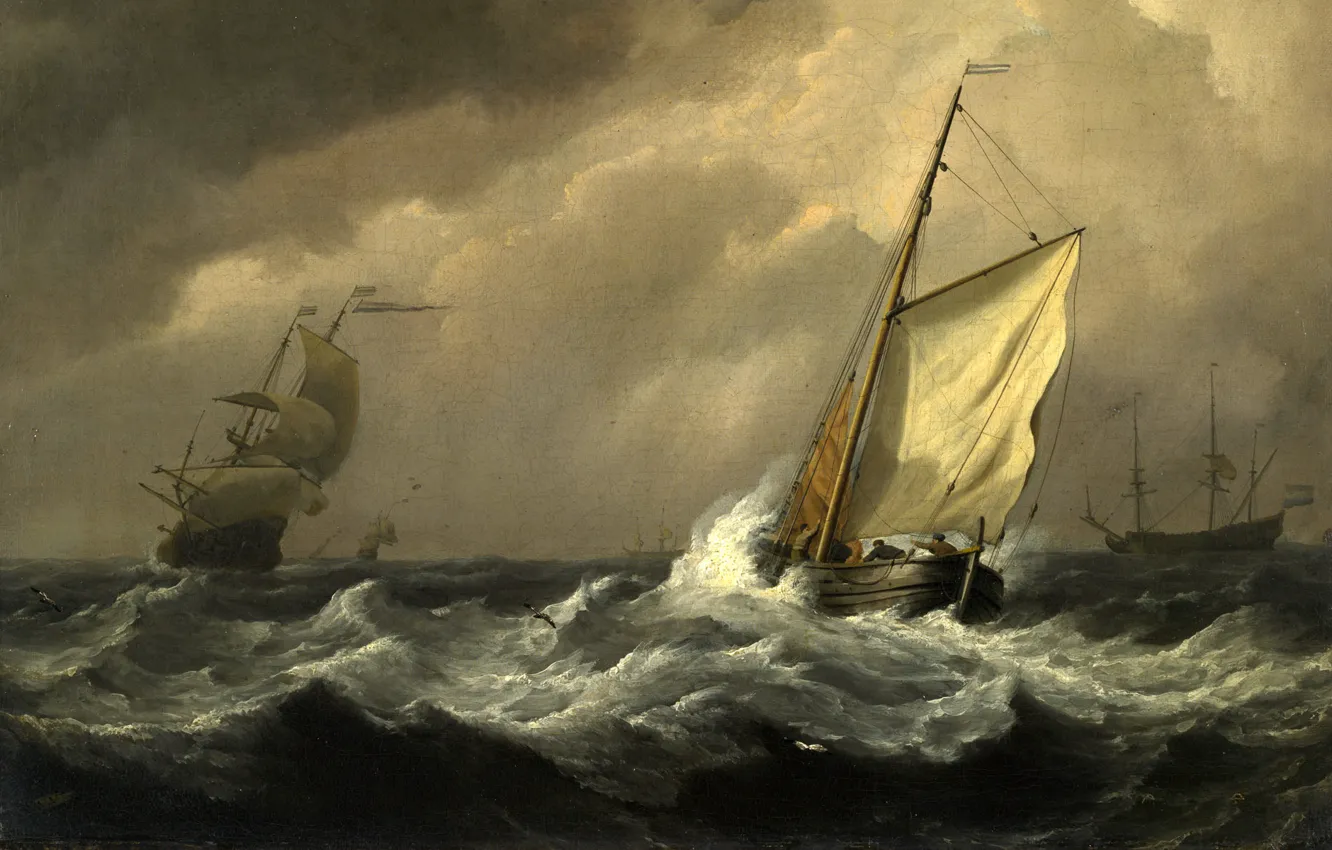 Фото обои море, волны, шторм, корабли, буря, картина, живопись, моряки