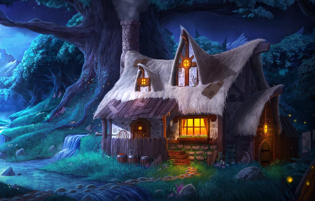 Фото обои лес, ночь, огни, дом, ручей, дерево, домик, Trine 2