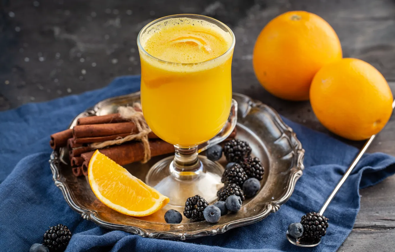 Фото обои ягоды, апельсин, сок, цитрус, корица