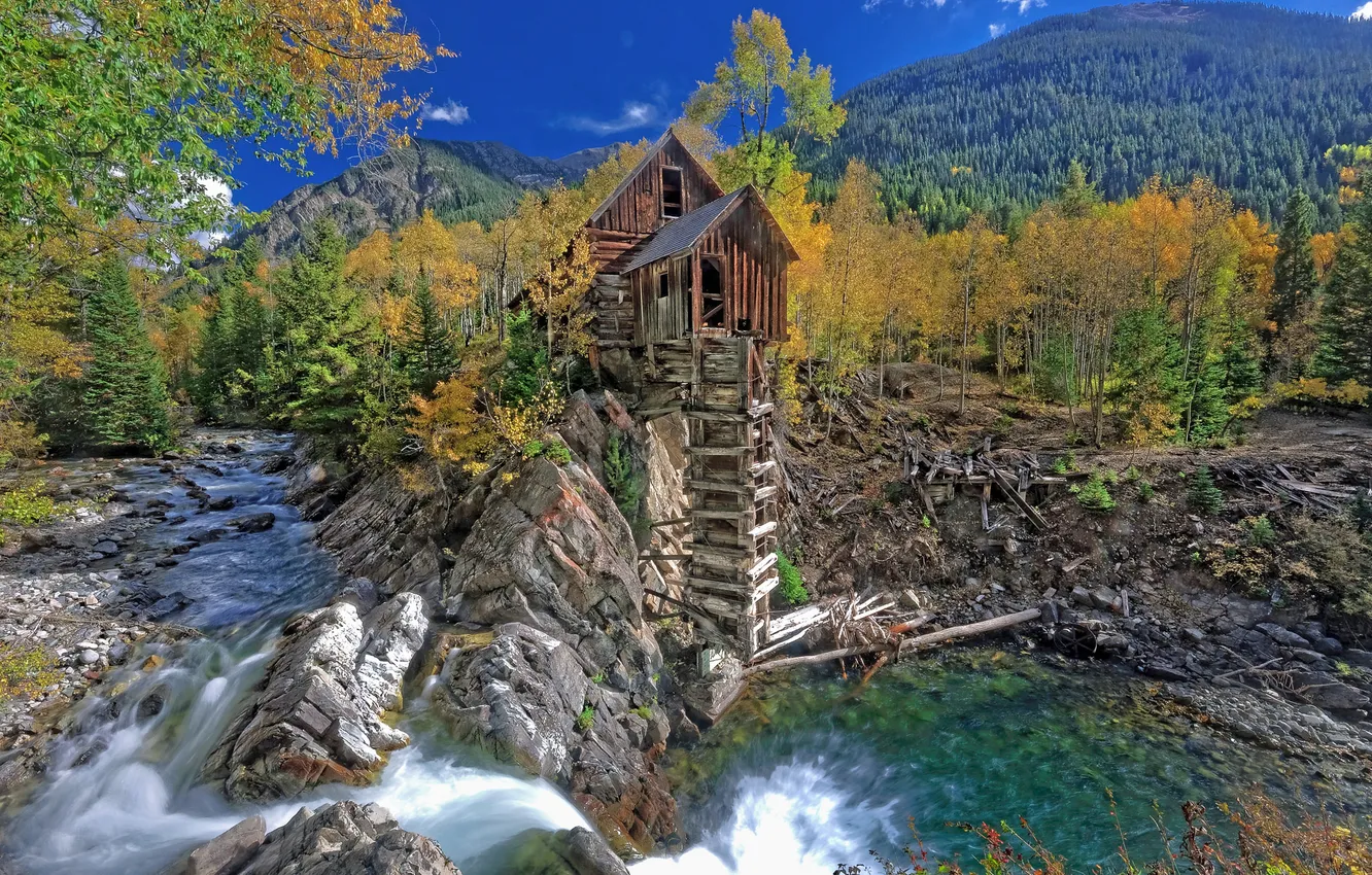 Фото обои осень, деревья, горы, река, ручей, Колорадо, США, Crystal Mill