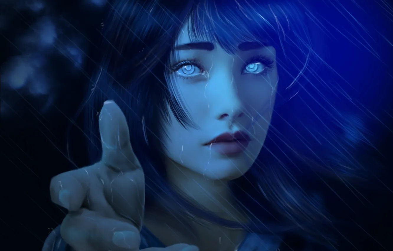 Фото обои взгляд, девушка, дождь, рука, аниме, арт, naruto, синие волосы