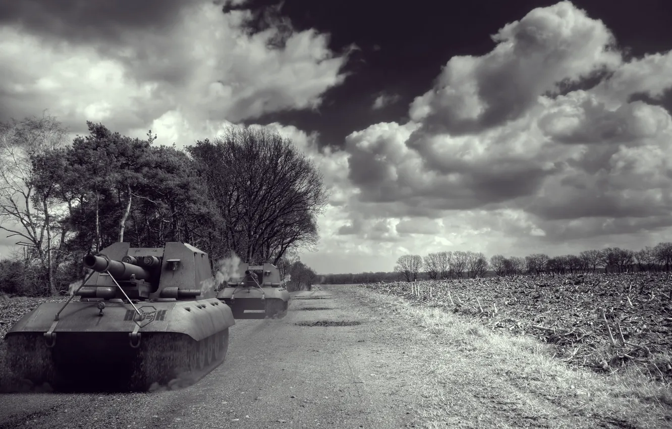 Фото обои облака, Германия, арт, танки, артиллерия, САУ, WoT, черно белая