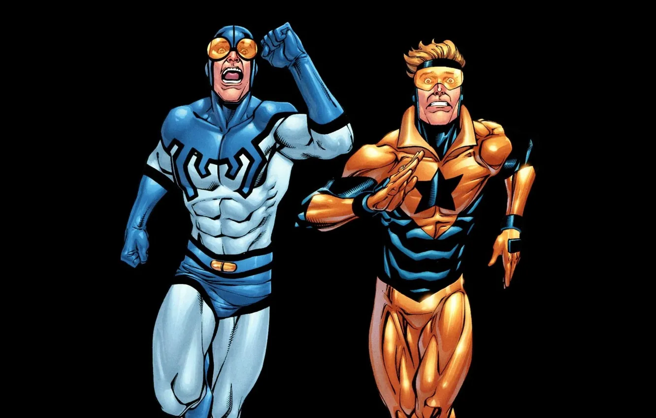 Фото обои бег, комиксы, Blue Beetle, синий жук, Booster gold, Бустер Голд