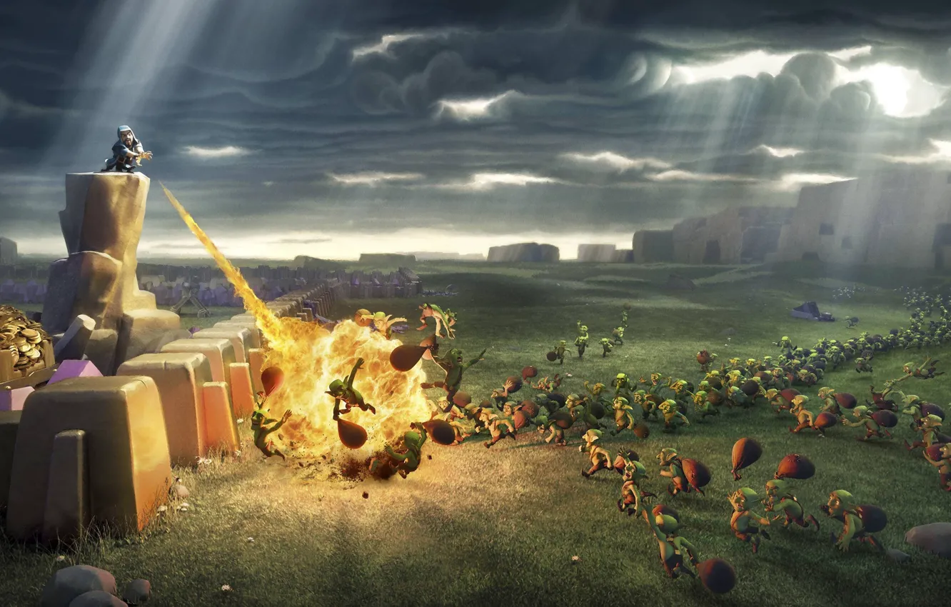 Фото обои fire, flame, game, war, spark, goblins, Clash Of Clans, wiz