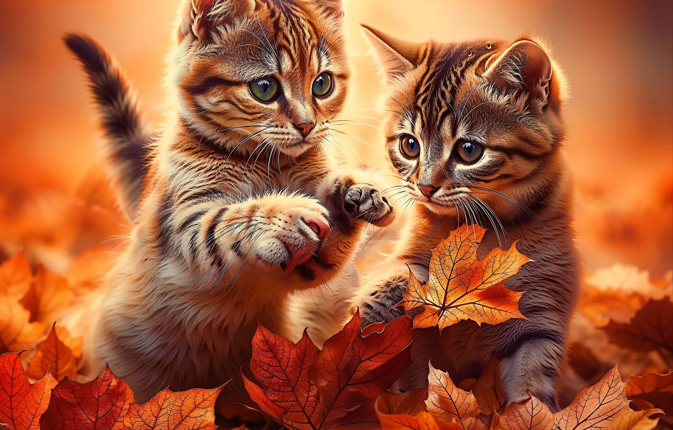 Фото обои осень, взгляд, кошки, поза, котенок, листва, игра, лапки