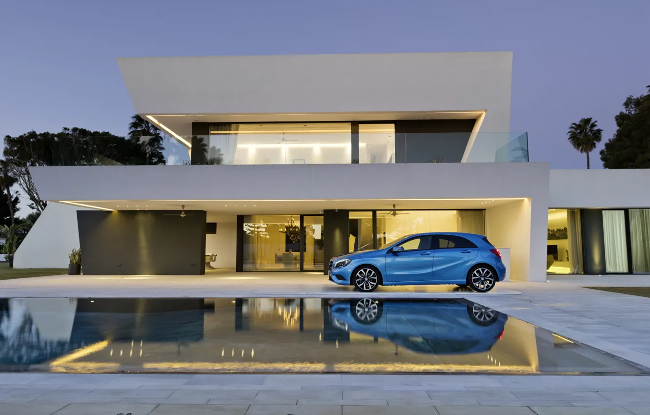 Фото обои синий, дом, бассейн, Мерседес, Mercedes, A class