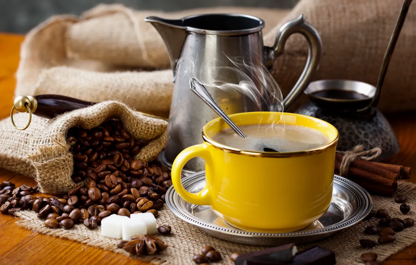 Фото обои кофе, шоколад, чашка, напиток, wood, зёрна, бадьян, корица.