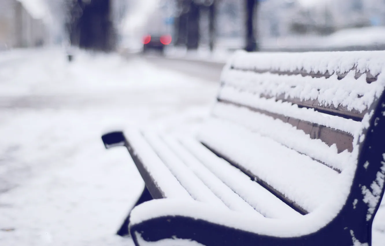 Фото обои зима, снег, скамейка, улица, скамья