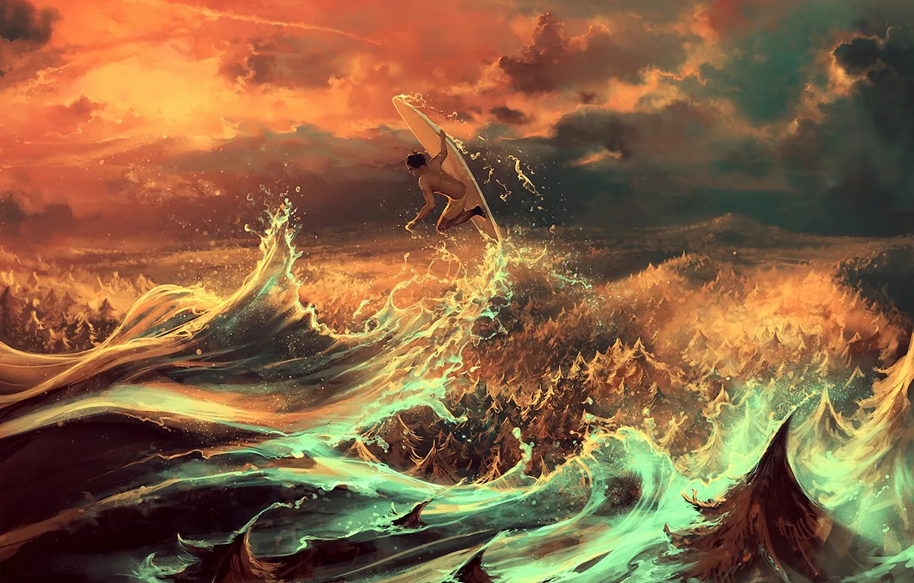 Фото обои море, волны, облака, человек, арт, доска, сёрфинг