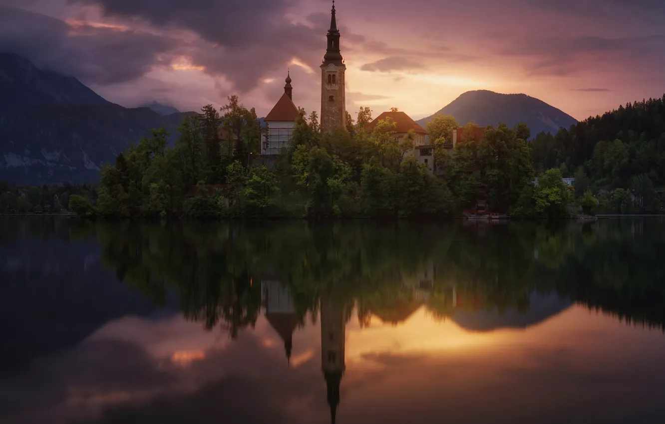 Фото обои озеро, замок, Словения, Блед