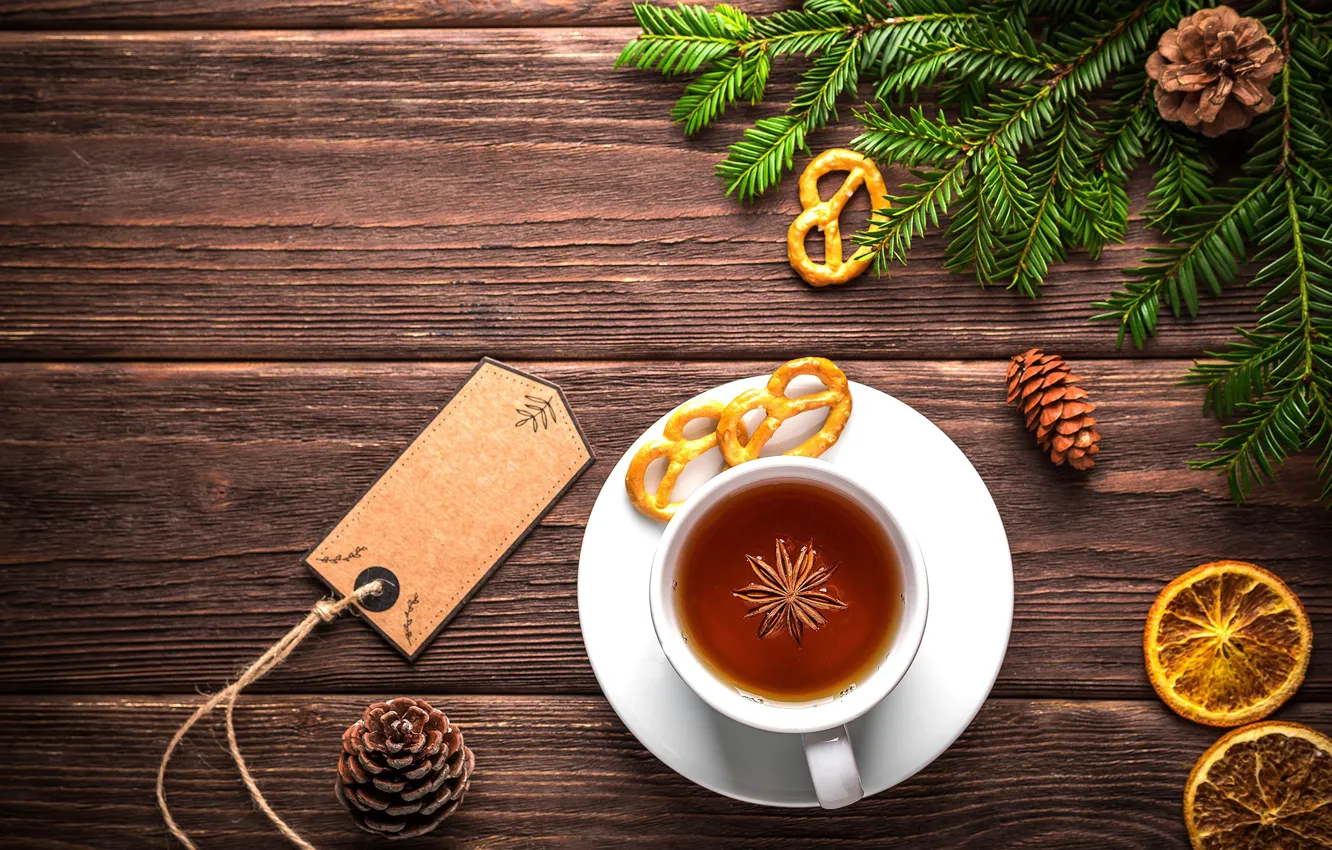 Фото обои чай, елка, печенье, Новый год, Christmas, шишки, New Year