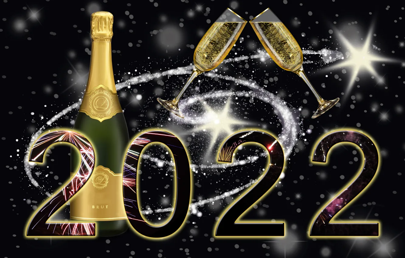 Фото обои Бутылка, Салют, Новый год, Чёрный фон, Фейерверк, Бакалы, Шампанское, 2022